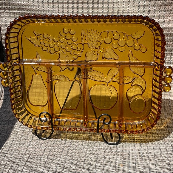 INDIANA GLASS AMBER DEPRESSION DIVIDED RELISH SERVING TRAY MID CENTURY MODERN - Picture 2 of 7